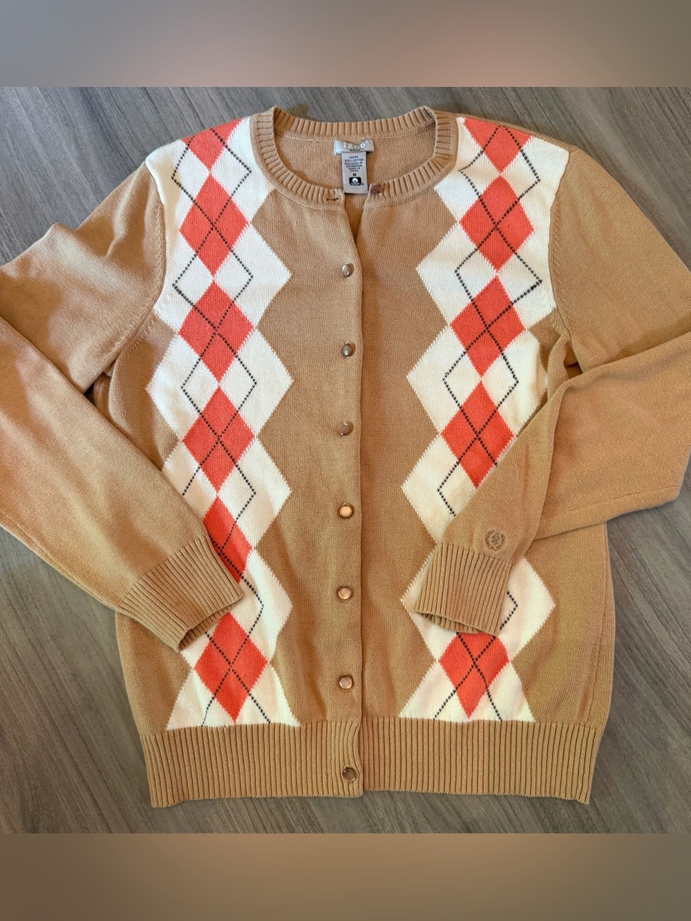 IZOD Argyle Camel Button-Up Cardigan with Orange & Cream Accents-size M